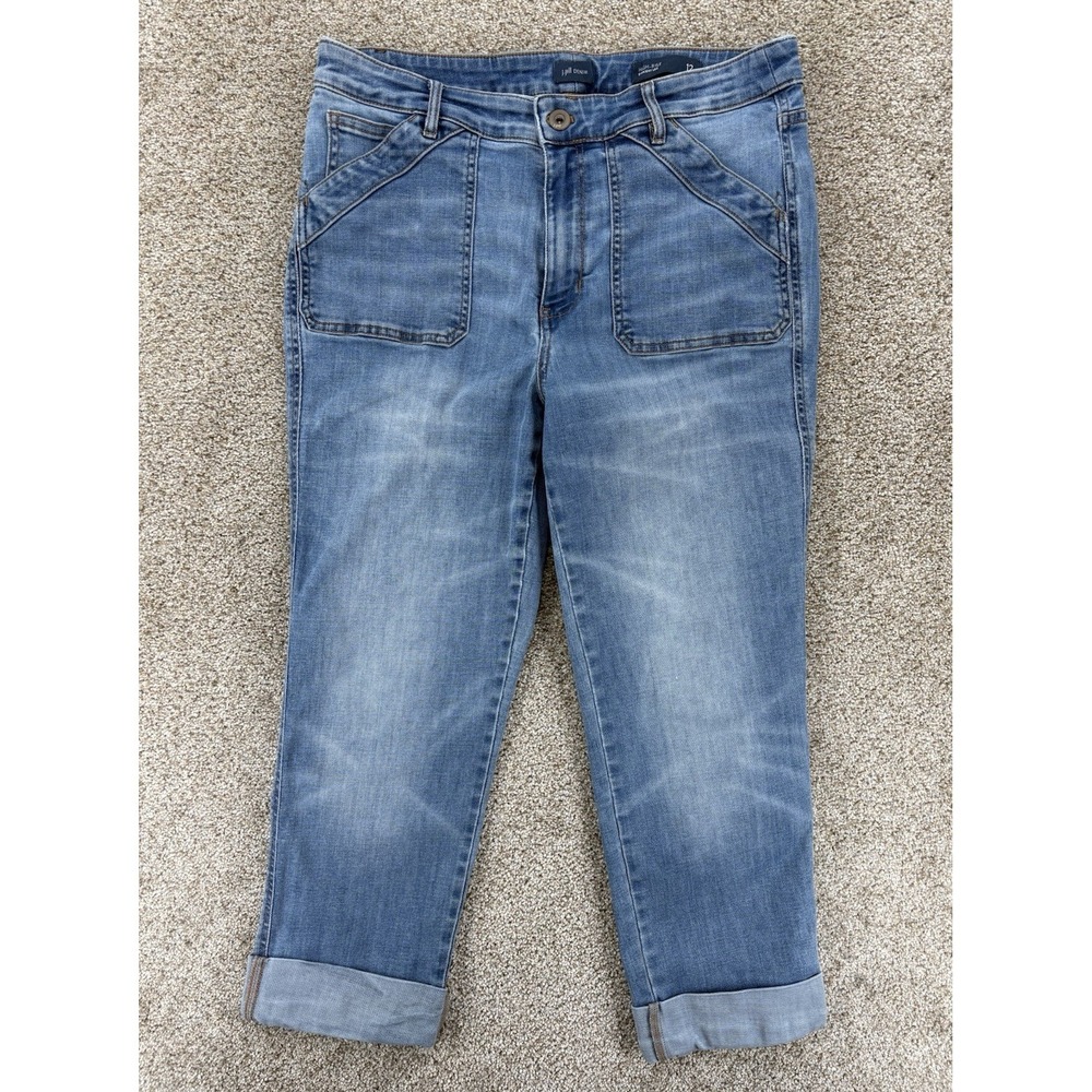 J. Jill High Rise Straight Leg Jeans Women's 12P Blue Rolled Cuff Patch Pockets